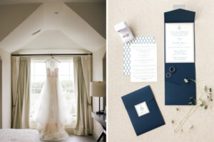 blue wedding invites and wedding dress